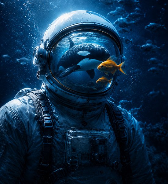 Astronauta submerso com reflexo de uma orca no visor