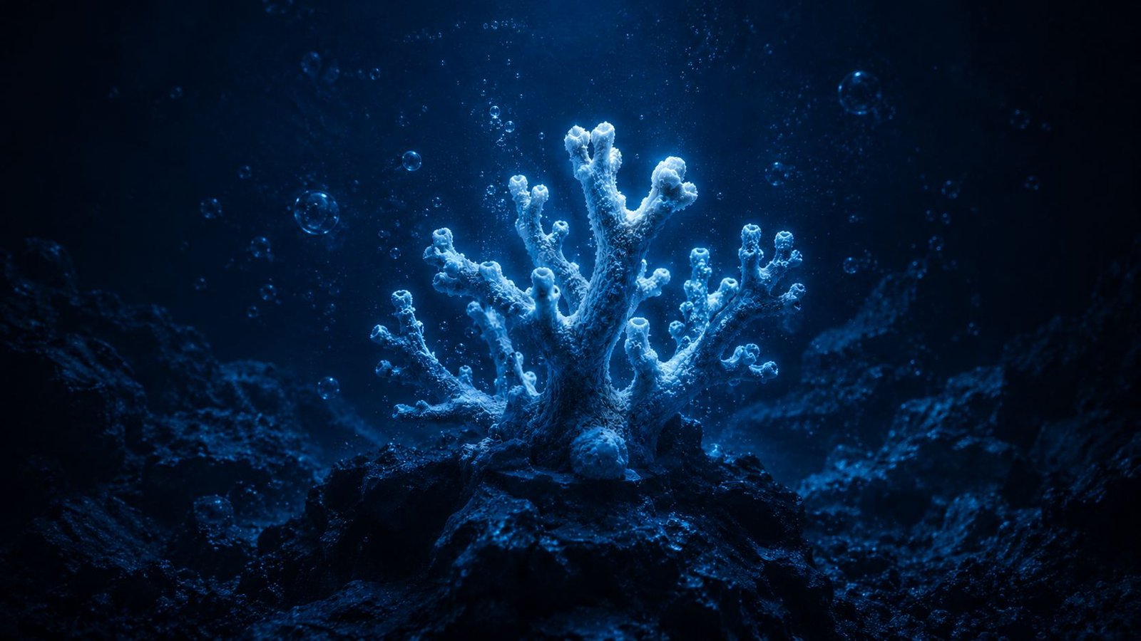 Coral bioluminescente em água profunda